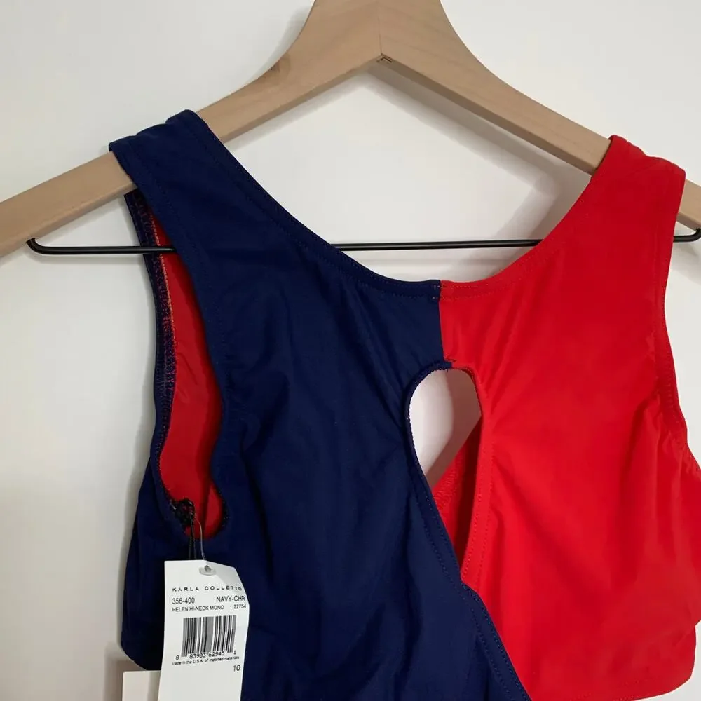 Karla Colletto Helen High-neck Mono Red Navy One Piece Swimsuit New  Size 10